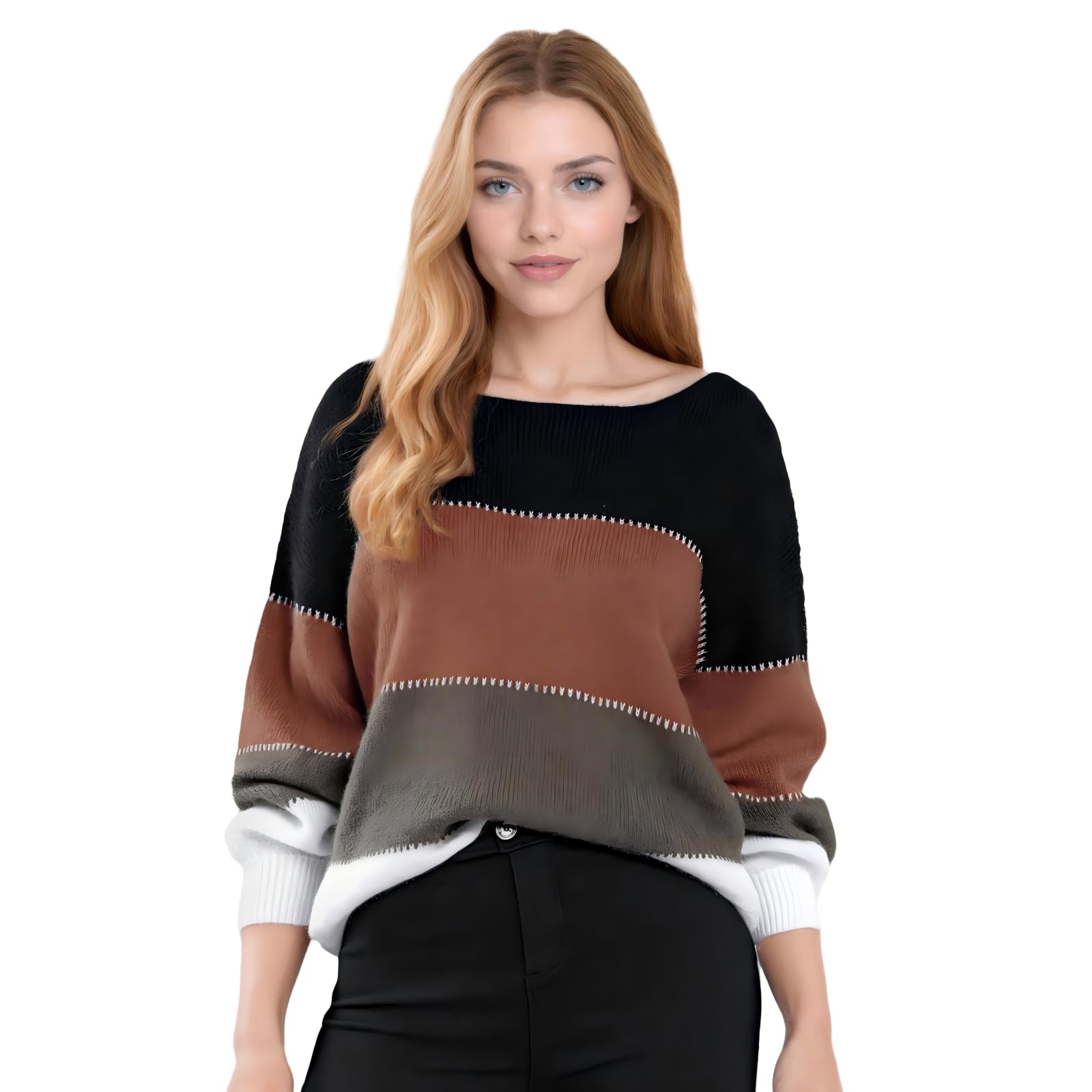 Womens Sweaters Casual Long Sleeve Crewneck Color Block Patchwork Pullover Knit Sweater Tops