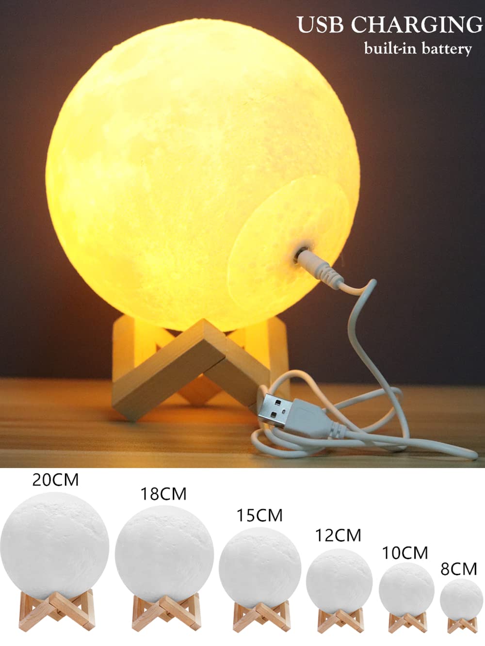 Dropship - Lámpara de luna personalizada con impresión 3D, recargable, personalizable, regalo para niños, novia (3 farbe, 15 cm)