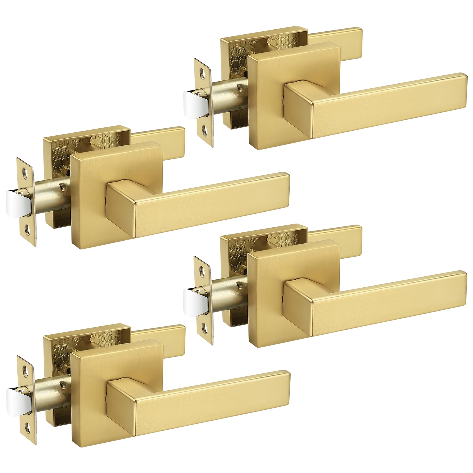 Probrico 4 Pack Heavy Duty Gold Passage Door Handle,Square Satin Brass Door Lever for Hallway and Closet, Keyless Reversible No-Locking Interior Door Knobs Both Fit Right &amp; Left Handed Side