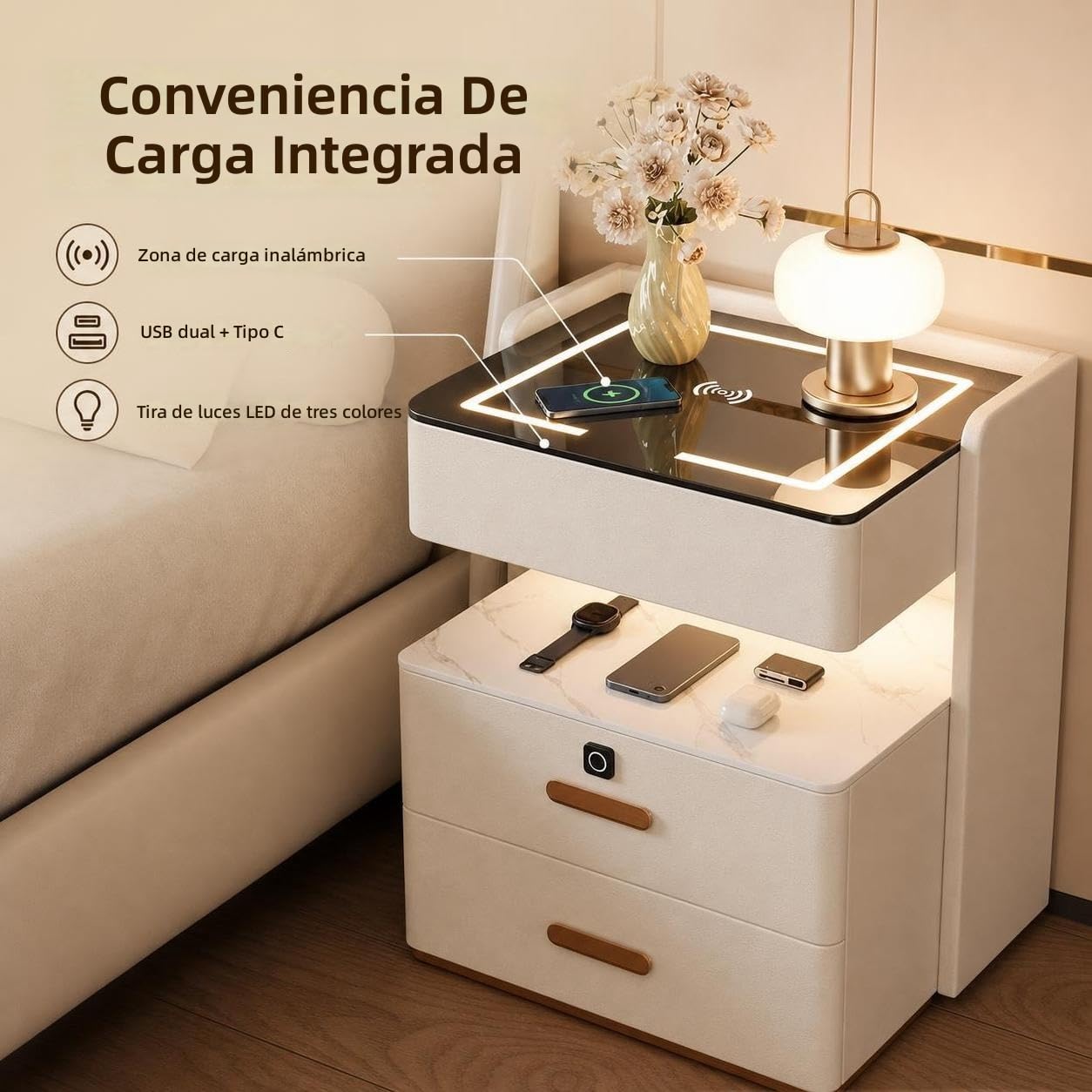 Mesita de Noche Inteligente con Carga inalámbrica, Armario de Almacenamiento Multifuncional de Estilo Moderno y Minimalista para Dormitorio (Piedra sinterizada, Caqui, 40 x 40 x 58 cm)