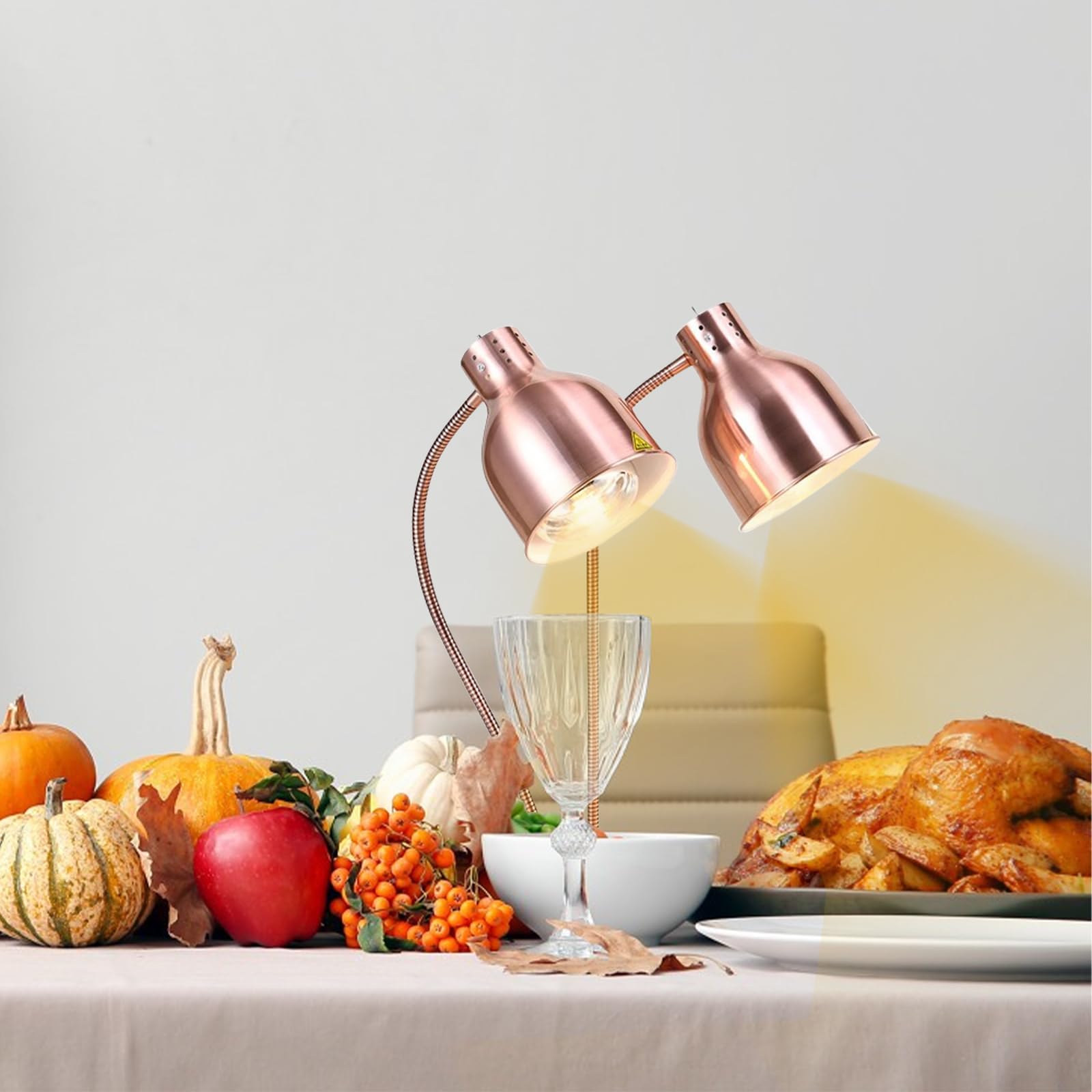 Lampe chauffante de cuisine - 250 W - Lampe infrarouge - Double tête - Autonome - Pour buffets, salle à manger, hôtels, commerciaux, maintien au chaud des aliments (or rose)