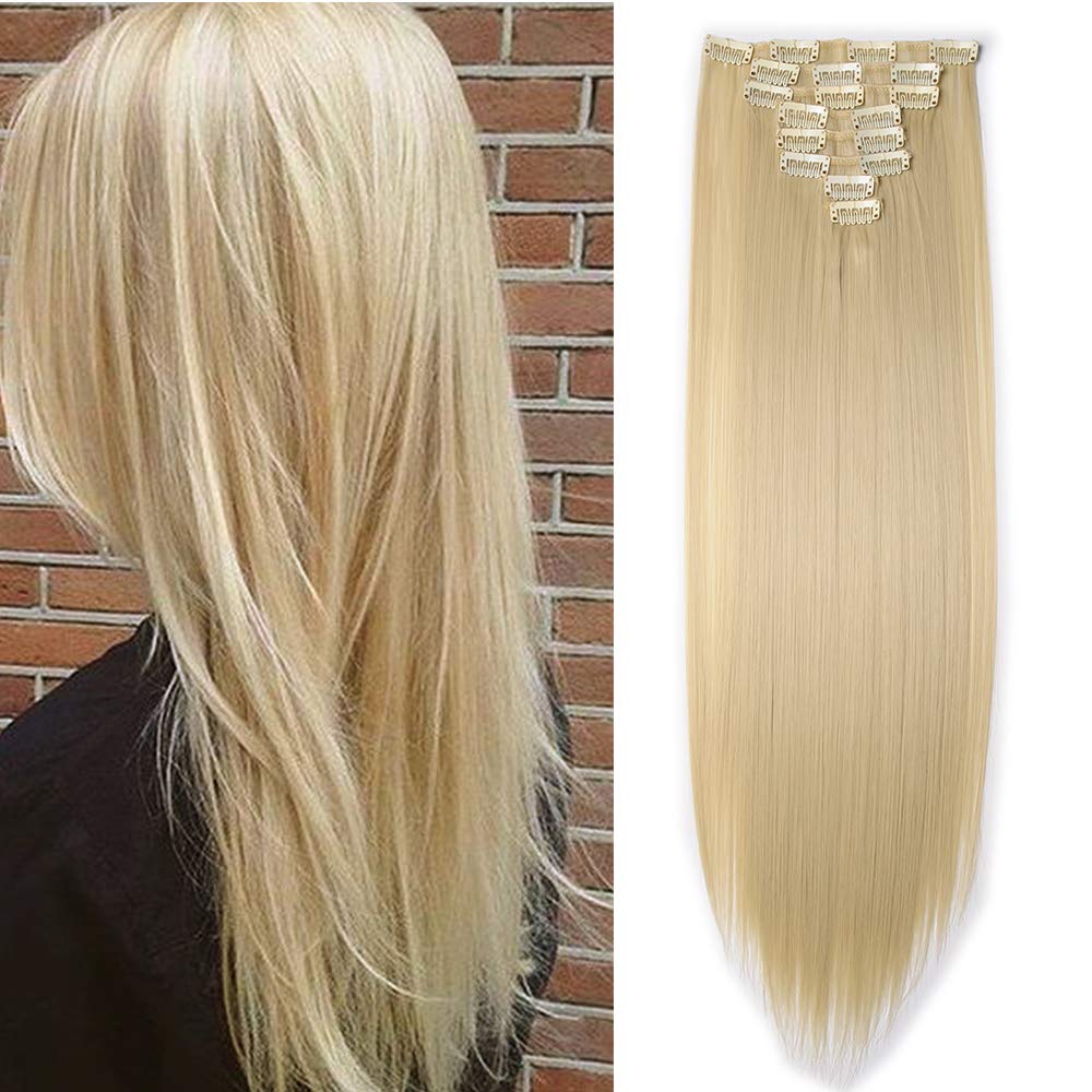 Silk-co 26" Hairpiece Extension 8pcs Long Straight Clip in Hair Extensions Hair Pieces [Bleach Blond] 100% Synthetic For Full Head