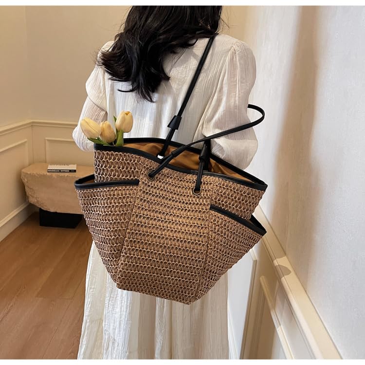 Women's Large Straw Bag Handmade Woven Shoulder Handbags Crochet Raffia Hobo Tote Bags Beach Vacation Purse3