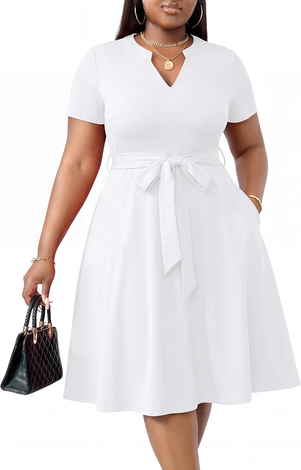 CLOCOR Plus Size Dress for Women - Casual Summer V Neck A-Line Church Cocktail Party Wedding Guest Midi Dresses with Belt