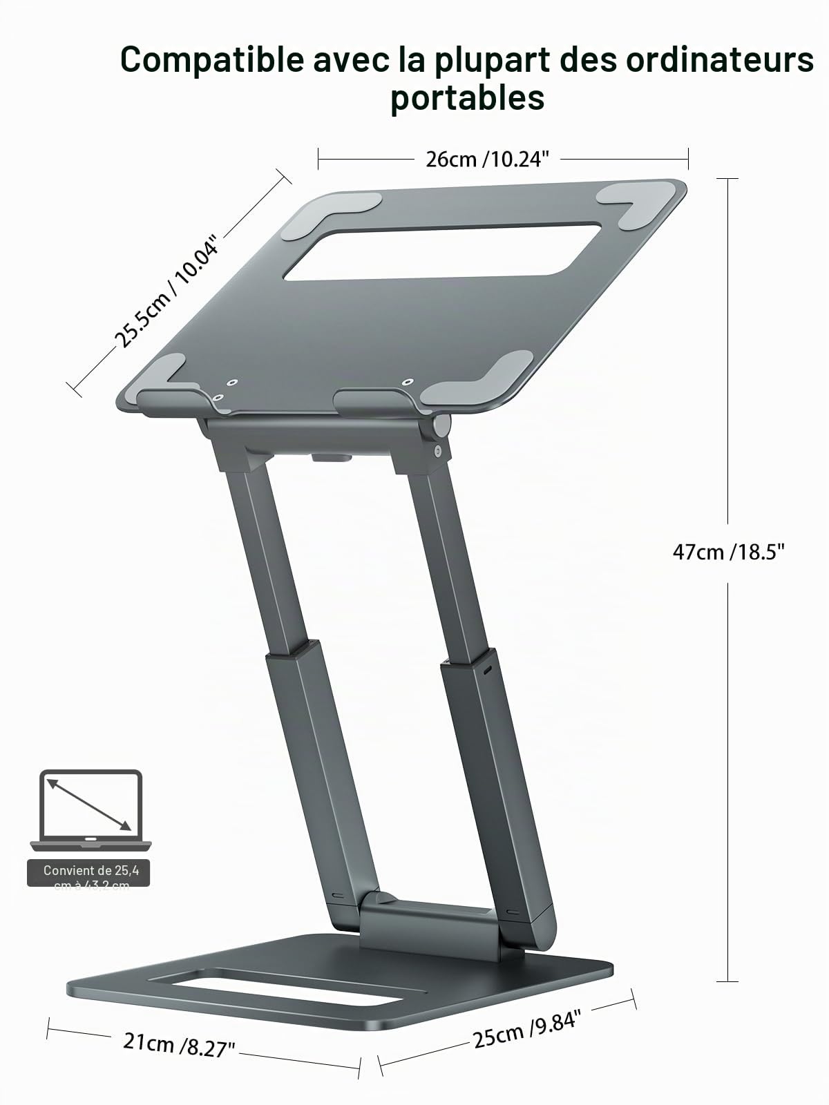 Tounee Support pour Ordinateur Portable, Support PC Ergonomique Hauteur Réglable de 2,1” à 21", pour Jusqu'à 22 Livres de MacBook,Toutes Ordinateur Portable 10-17 Pouces, Gris
