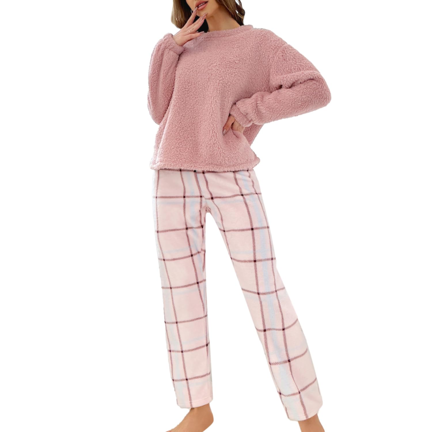 XULEN Women's Fuzzy Fleece Pajamas Set Flannel 2 Piece Winter Warm Comfy Printed Loungewear Sleepwear Pj Sets