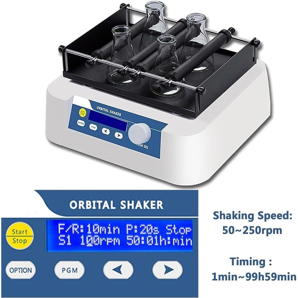 Agitador orbital de laboratorio, oscilador rotador de 50-250 rpm, temporizador digital ajustable de 4 varillas, para frascos de 4 x 250 ml o 6 x 100 ml