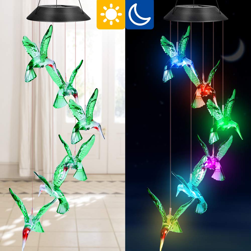 Koliber dzwonki wietrzne, dzwonki wiatrowe, zmieniające kolory, lampa LED, wodoodporna, solarna, dzwonek do wnętrz, na zewnątrz, do ogrodu, patio, werandy, tarasu, podwórka, imprezy