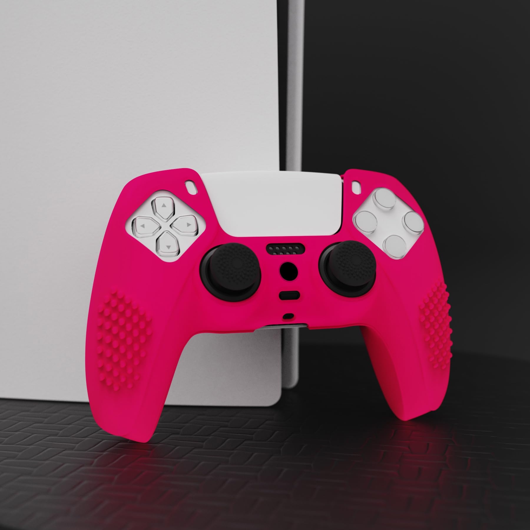 eXtremeRate PlayVital 3D Studded Edition Anti-Slip Silicone Cover Skin for ps5 Controller, Soft Rubber Case Protector for ps5 Wireless Controller with 6 Black Thumb Grip Caps - Bright Pink - 4