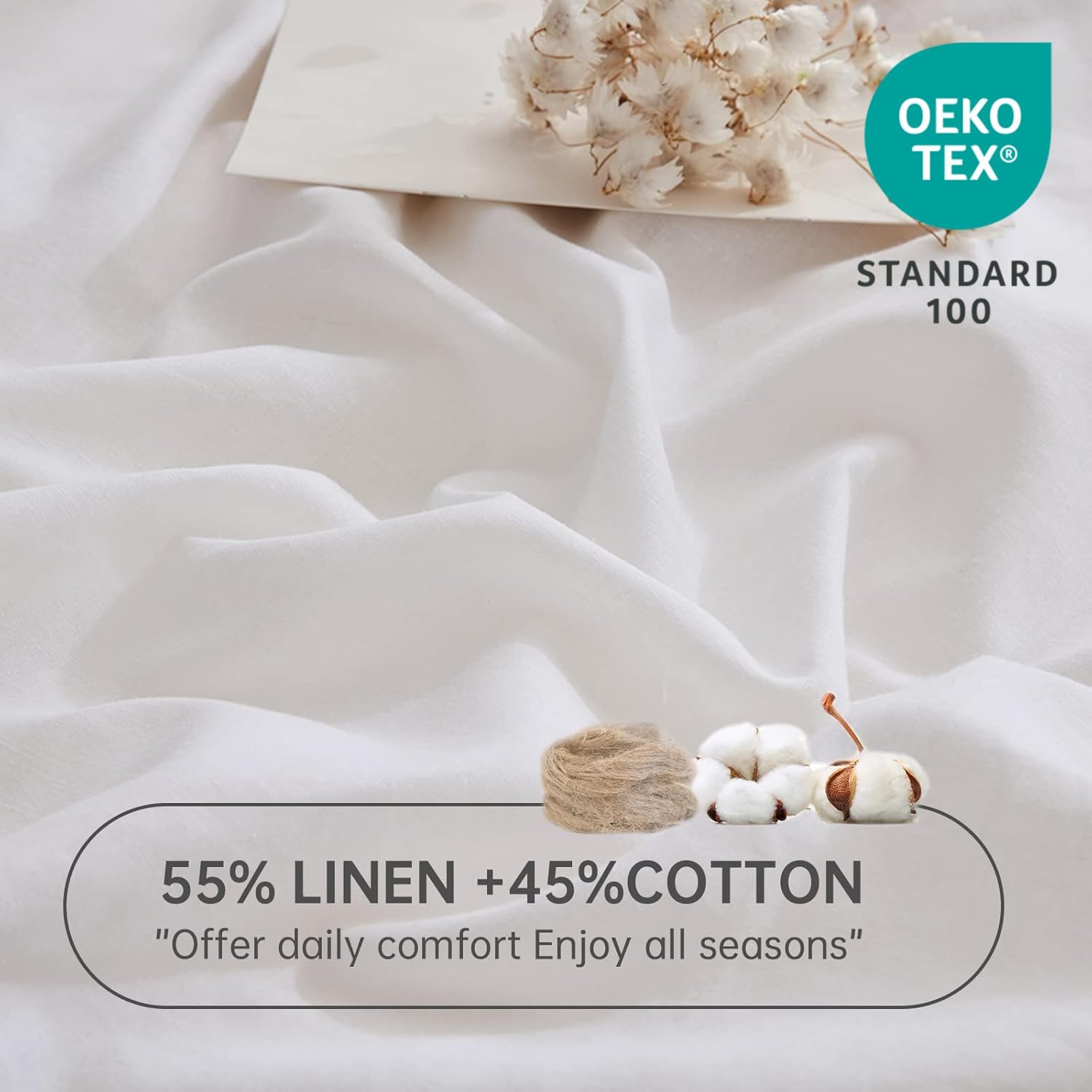 Simple&Opulence Linen Fitted Sheet (1 Piece) - 14 Inch Deep Pocket Mattress Cover Natural Flax Cotton Blended Soft Breathable Bedding - White, Twin Size - Image 2