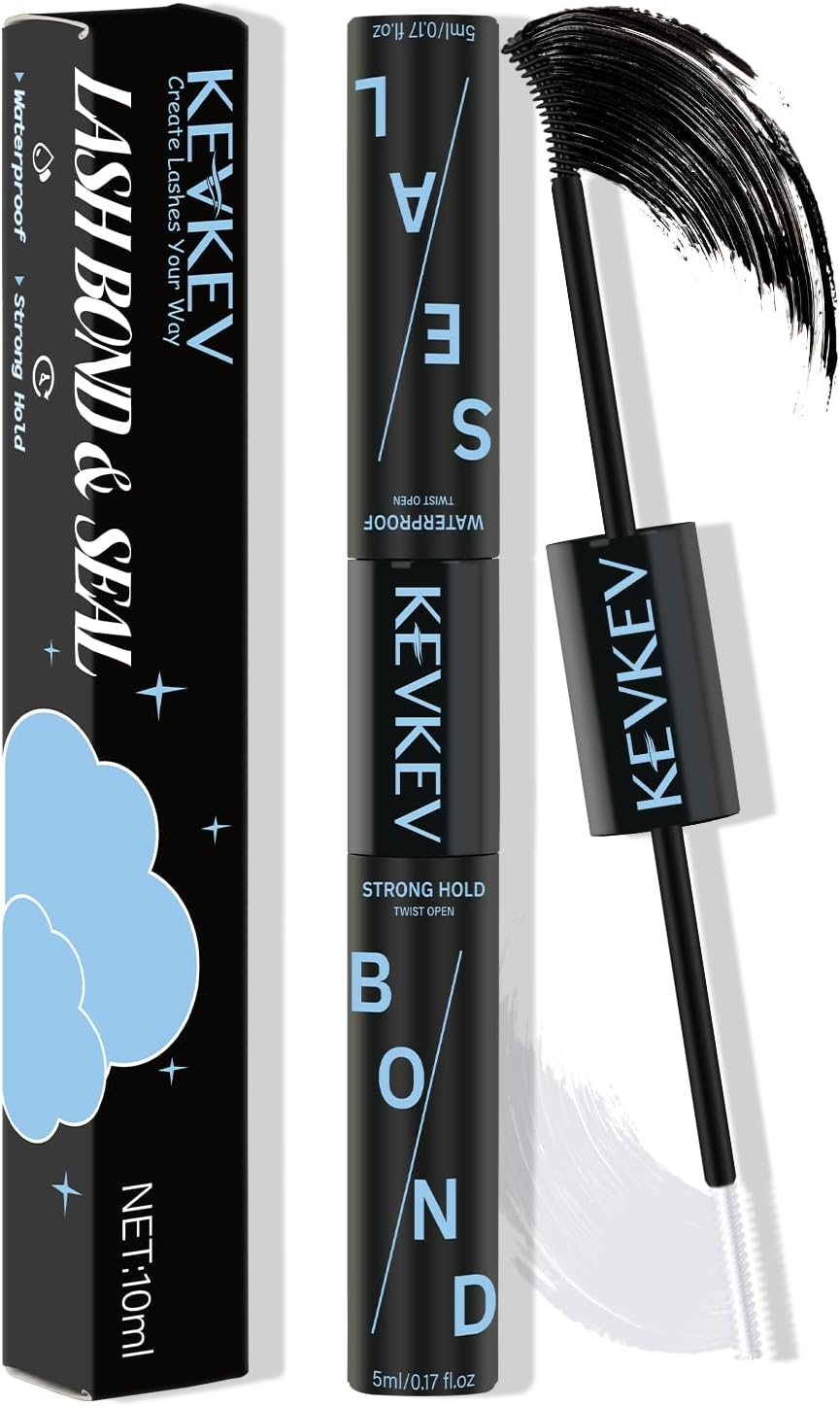KevKev Lash Bond and Seal Lash Glue for Eyelash Extensions Strong Hold Long Lasting 48-72 Hours Lash Clusters Glue Lash Bond and Seal Waterproof Individual Lashes Bond (5ml+5ml, Black Bond and Seal)