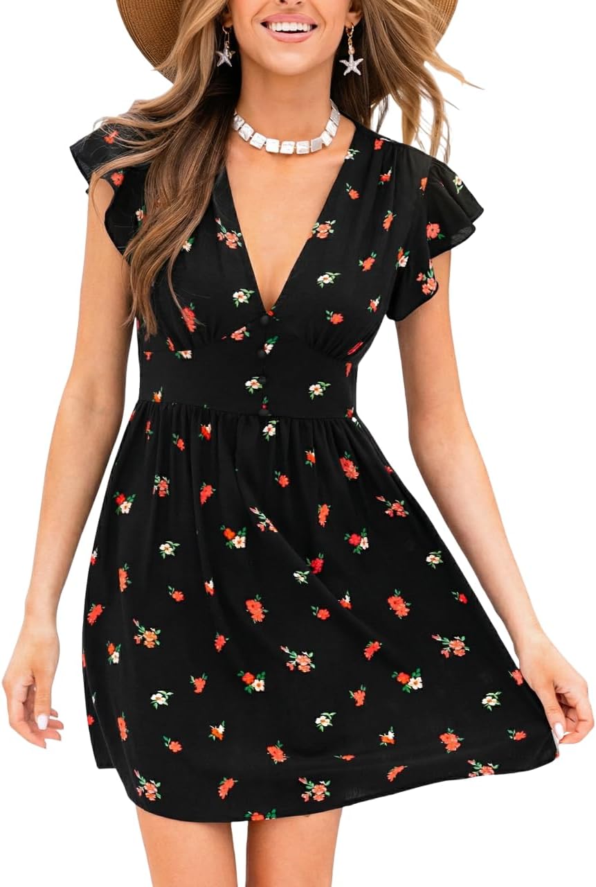 CUPSHE Women's Summer Dresses Floral Plunging V Neck Ruffle Sleeves A Line Smocked Mini Dress