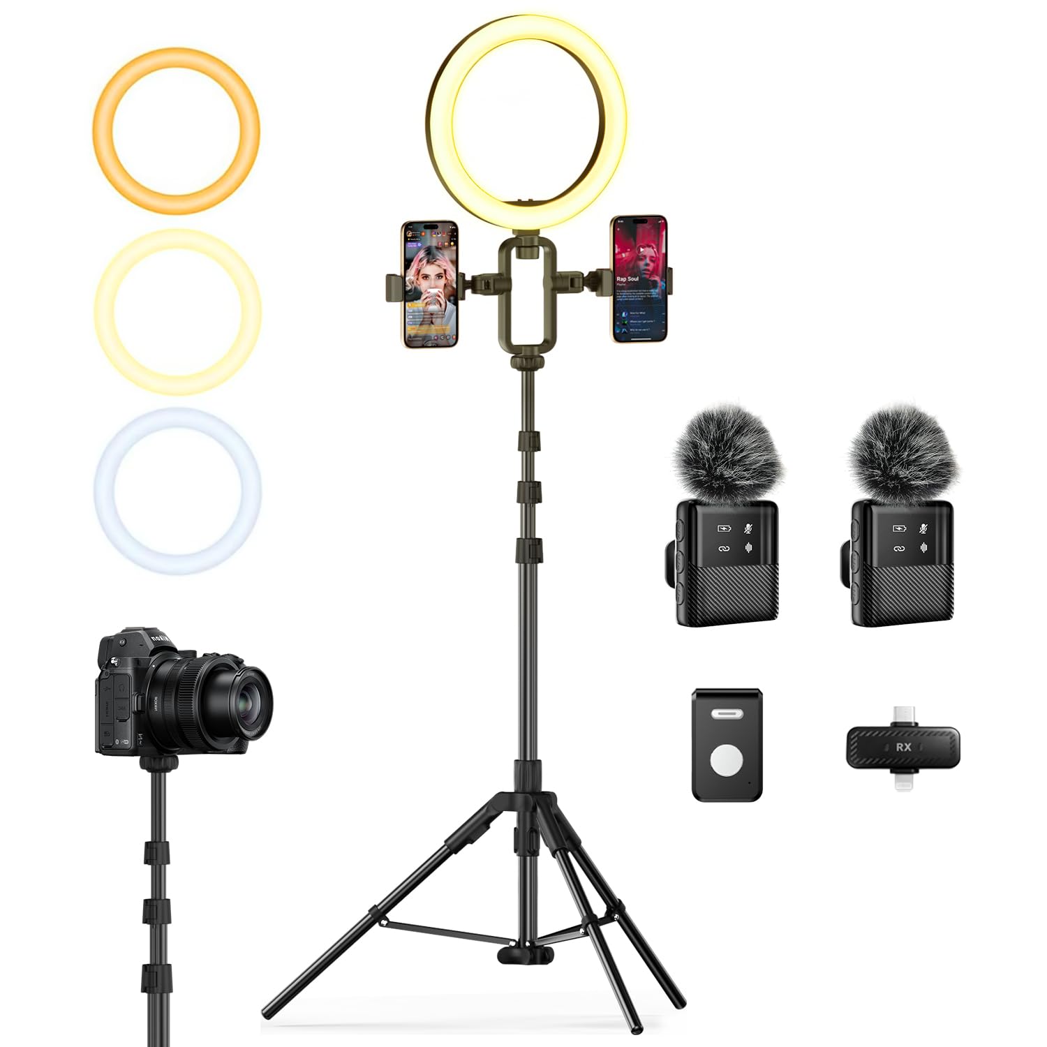 yAyusi Kit de Vlogging para iPhone/Android, Trípode Extensible de 198 cm con Micrófono/Anillo de Luz/Soporte para Teléfono/Control Remoto, Adecuado para Grabación de Vídeo y Transmisión en Vivo