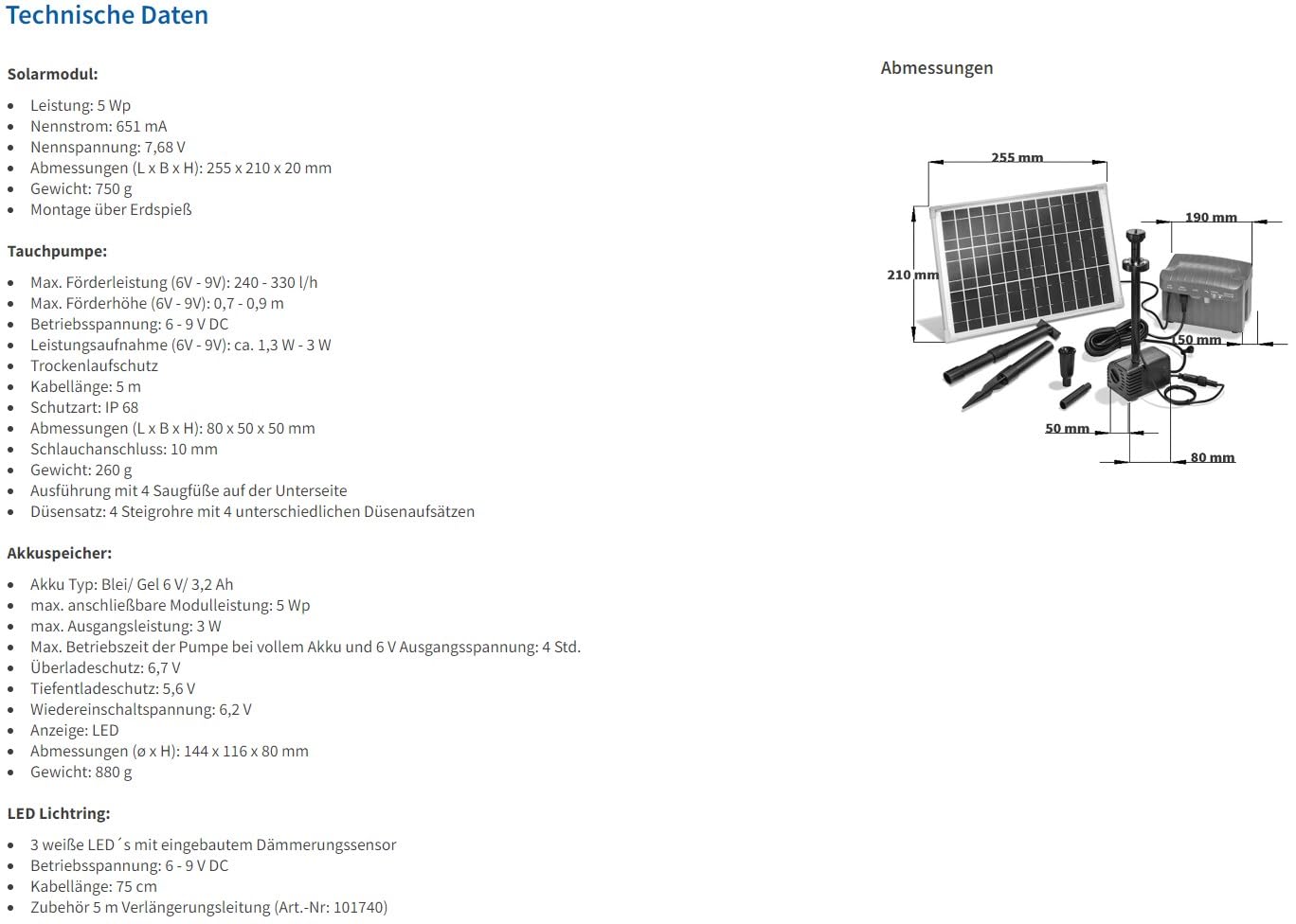 Esotec - Conjunto de Bomba Solar Moderno y Tecnológico con Iluminación LED, Acumulador de Batería, 4 Mangueras y 4 Boquillas, Talla 1