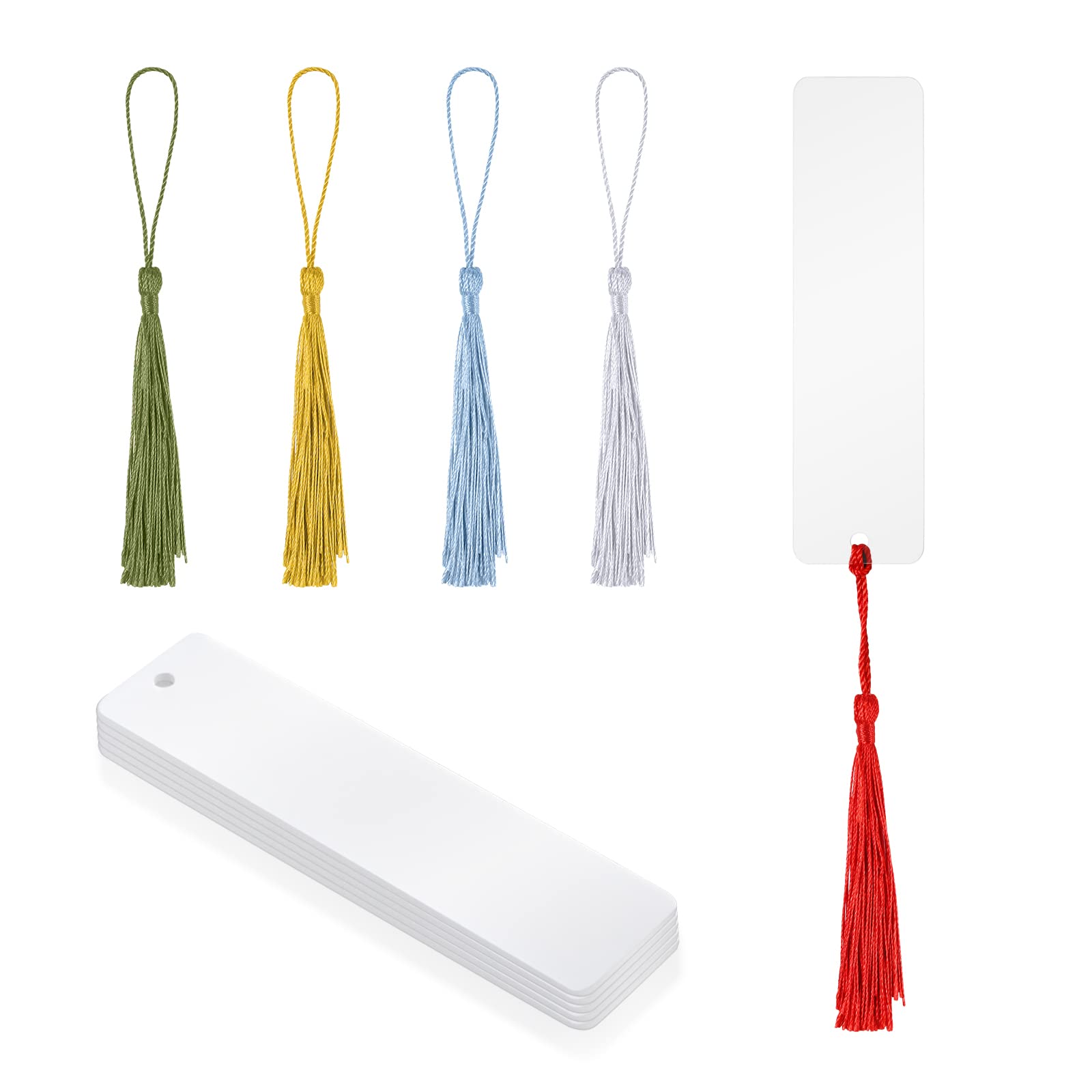 SAVITA Acrylic Bookmark 1.2 x 4.7 inch, 15pcs Clear Bookmark Blank Bookmarks with Tassels for DIY Project Crafts Making Handbag Decoration (5 Colors), Blue,Green,Red,White