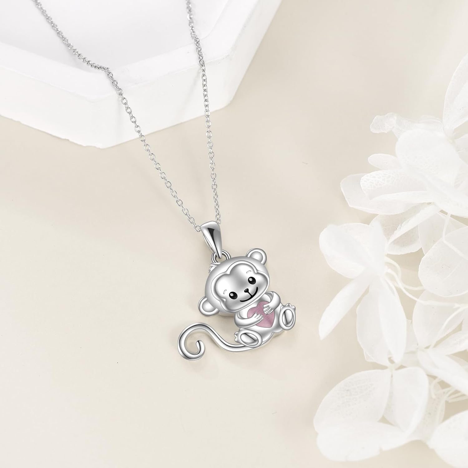 Animals Necklace Sterling Silver Rabbit/Penguin/Frog Pendant Animal Rose Quartz/Moonstone Jewelry Gift for Women - Image 4