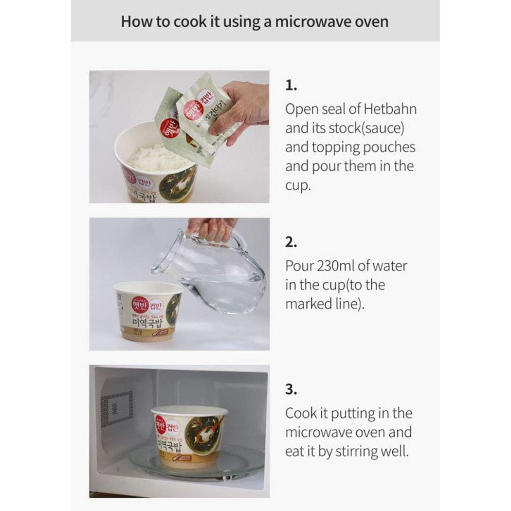 Cupbahn Korean Pre-Cooked Meal with White Rice - 25 Taste by Hetbahn 컵반 햇반 (Seaweed Soup, 4 Bowls)