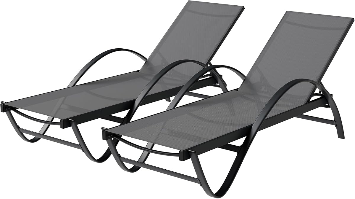 Patio Chaise Lounge Set of 2, Pool Chaise Lounge with Arm,Outdoor Lounge Chair with 5 Adjustable Backrest,Sunbathing Recliner,Beach Chair,Pool Chairs,Dark Grey