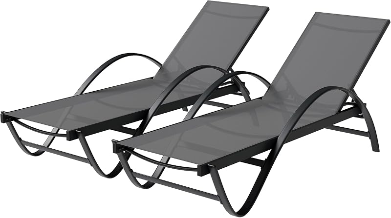 Patio Chaise Lounge Set of 2, Pool Chaise Lounge with Arm,Outdoor Lounge Chair with 5 Adjustable Backrest,Sunbathing Recliner,Beach Chair,Pool Chairs,Dark Grey