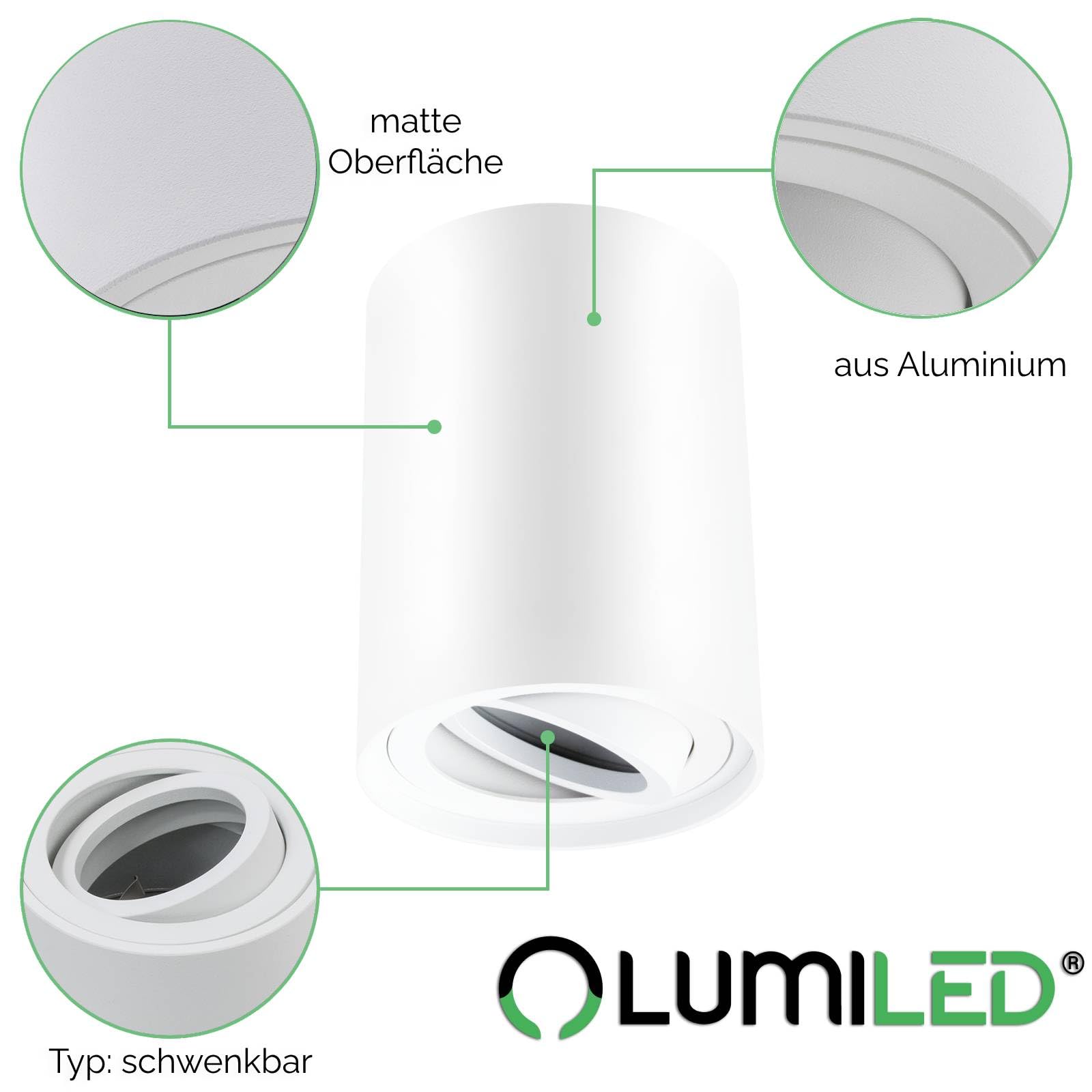 LUMILED Reflektor do zabudowy, natynkowa lampa sufitowa do zabudowy, okrągła, ruchoma15°, biała, reflektor punktowy z aluminium, oprawka GU10, 230 V, długość: 8,5 cm, wysokość: 11,5