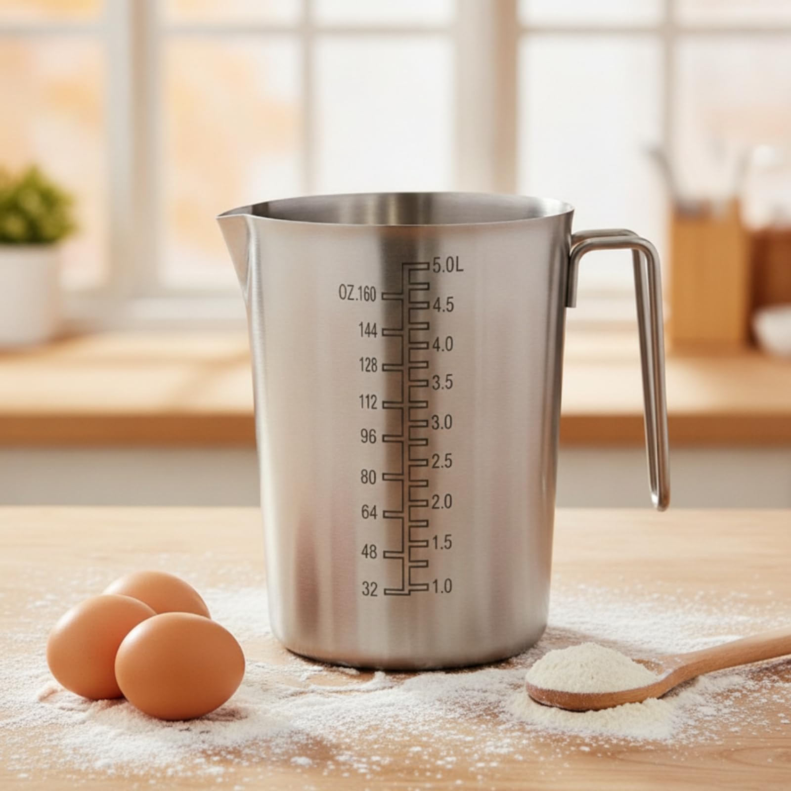 Vaso Medidor Acero Inoxidable Resistente Medidora con Asa y Vertedor Vertedor para Cocina Doméstica, 5000ML, Sin Tapa