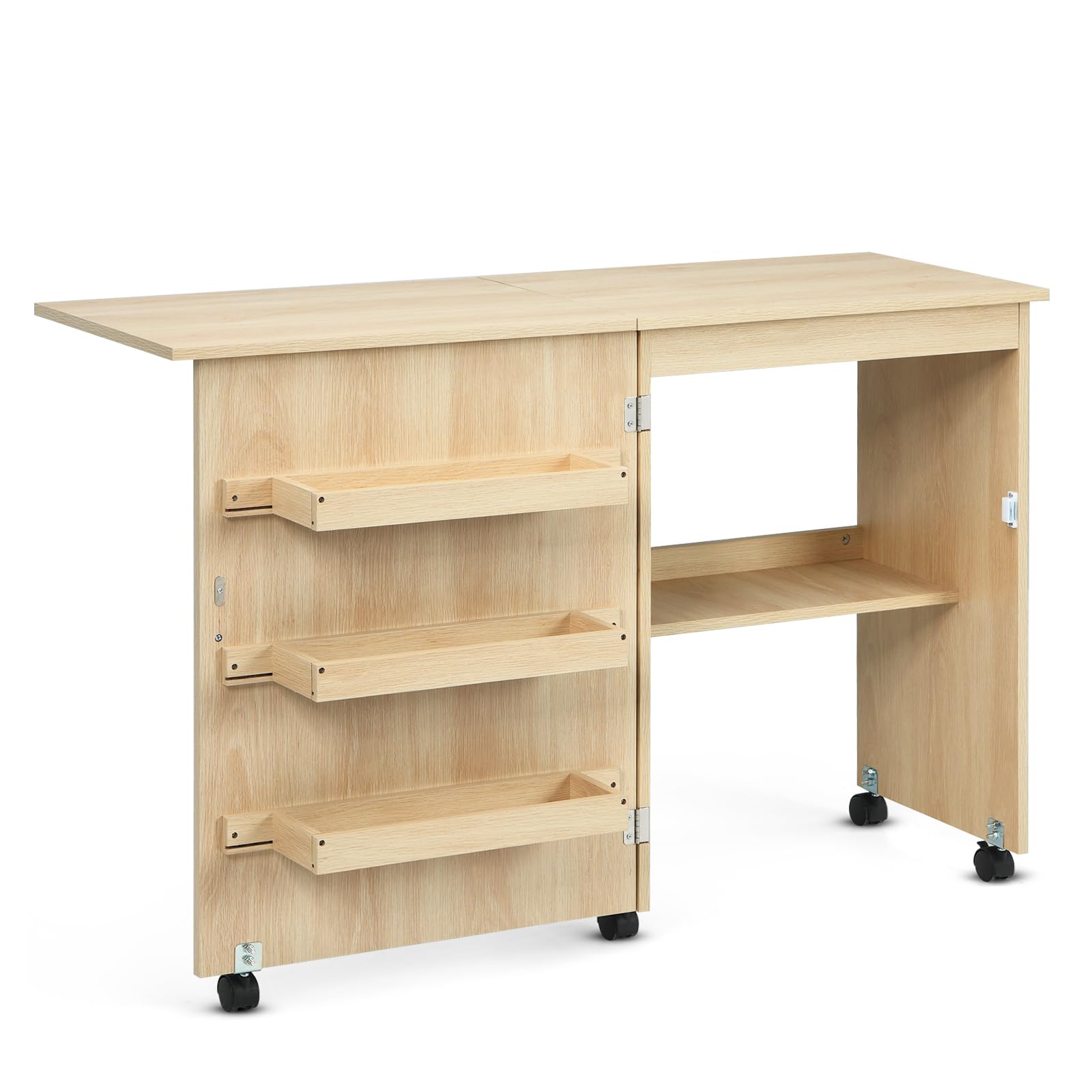 DREAMADE Table de Couture Pliante, Meuble Machine à Coudre en Bois avec 3 Étagères,Bureau Couture avec roulettes, 117X40X78CM (Couleur de Bois)