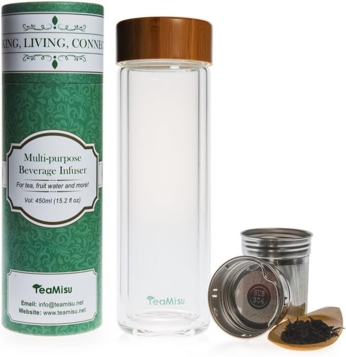 TeaMisu Multi-purpose Beverage Infuser (450ml/15oz) with Strainer/Bamboo Spoon/Case in original design|Leak proof Lid| BPA Free| Loose Tea/Fruit/Coffee Infusion| Great as Gift/Travel Mug/Water Bottle