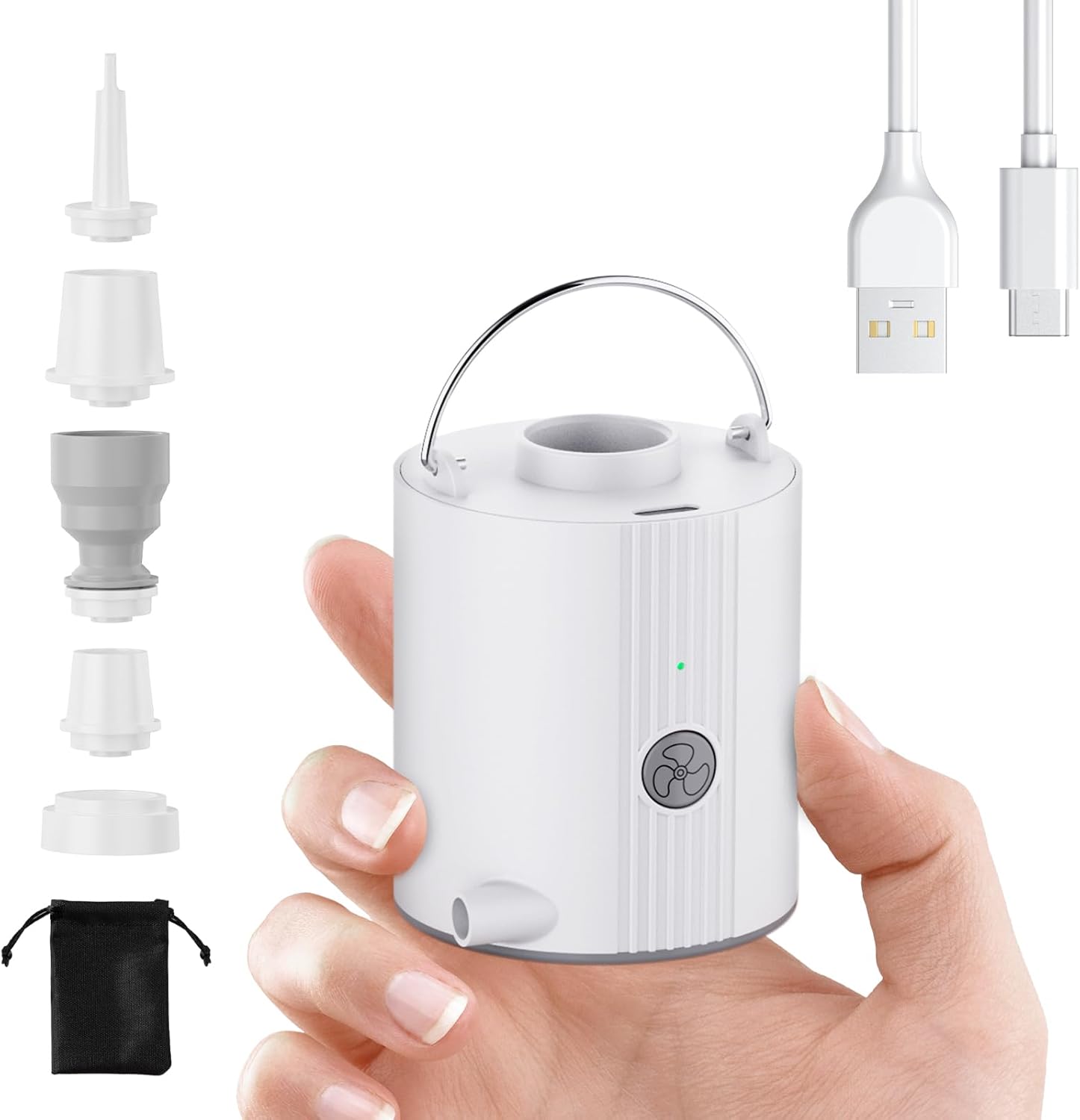 Pompa ad aria elettrica, pompa a batteria ricaricabile con 5 ugelli, deflatore Quick Fill per letto ad aria, anello galleggiante, sacchetto sottovuoto per vestiti