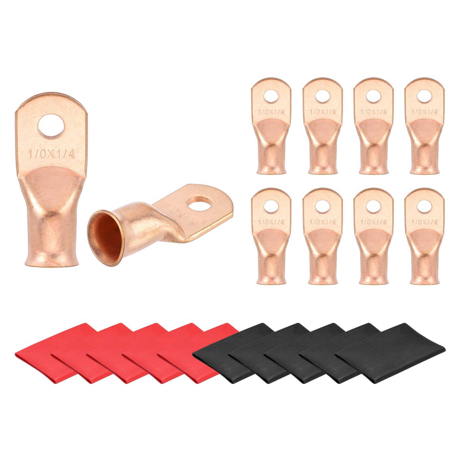 sourcing map 10 Pcs Battery Cable Ends 1/0 AWG 1/4 Inch Tubular Ring Terminals Closed End Crimp Connectors Bare Copper Eyelet with Heat Shrink Tubing, Gold
