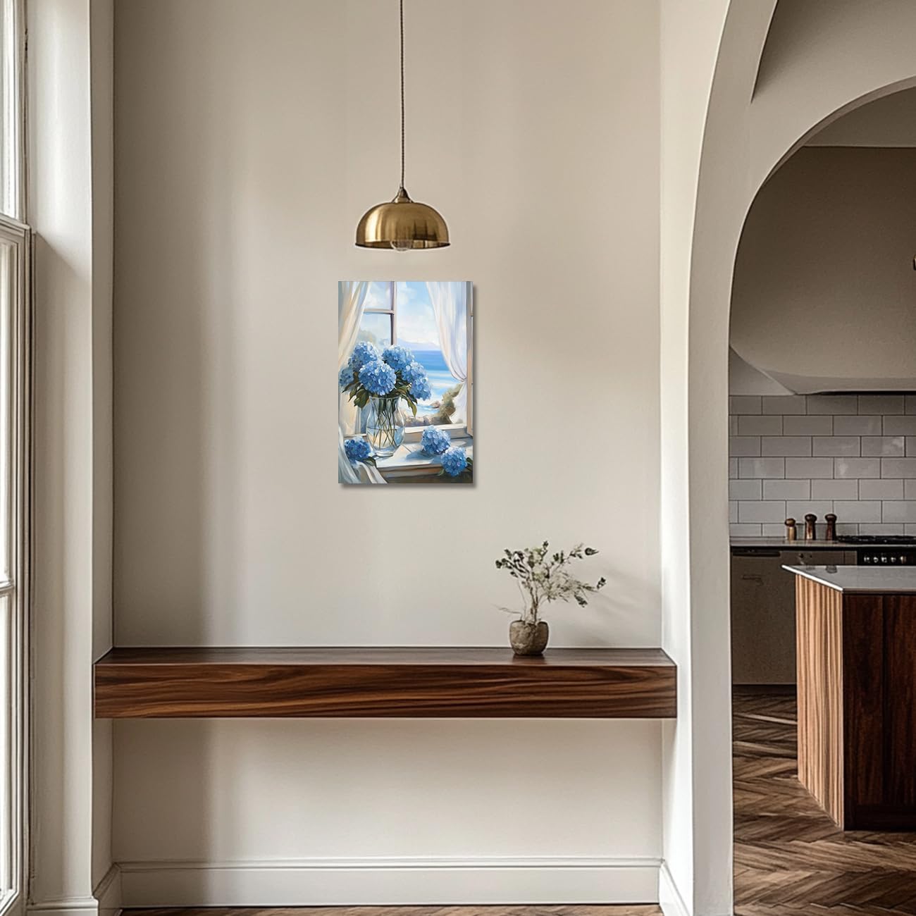 ZQQART Stampa artistica su tela con ortensia rustica, stampa floreale con fiori costieri, pianta botanica, decorazione da parete per il bagno, con cornice (blu, 40,6 x 61 cm)