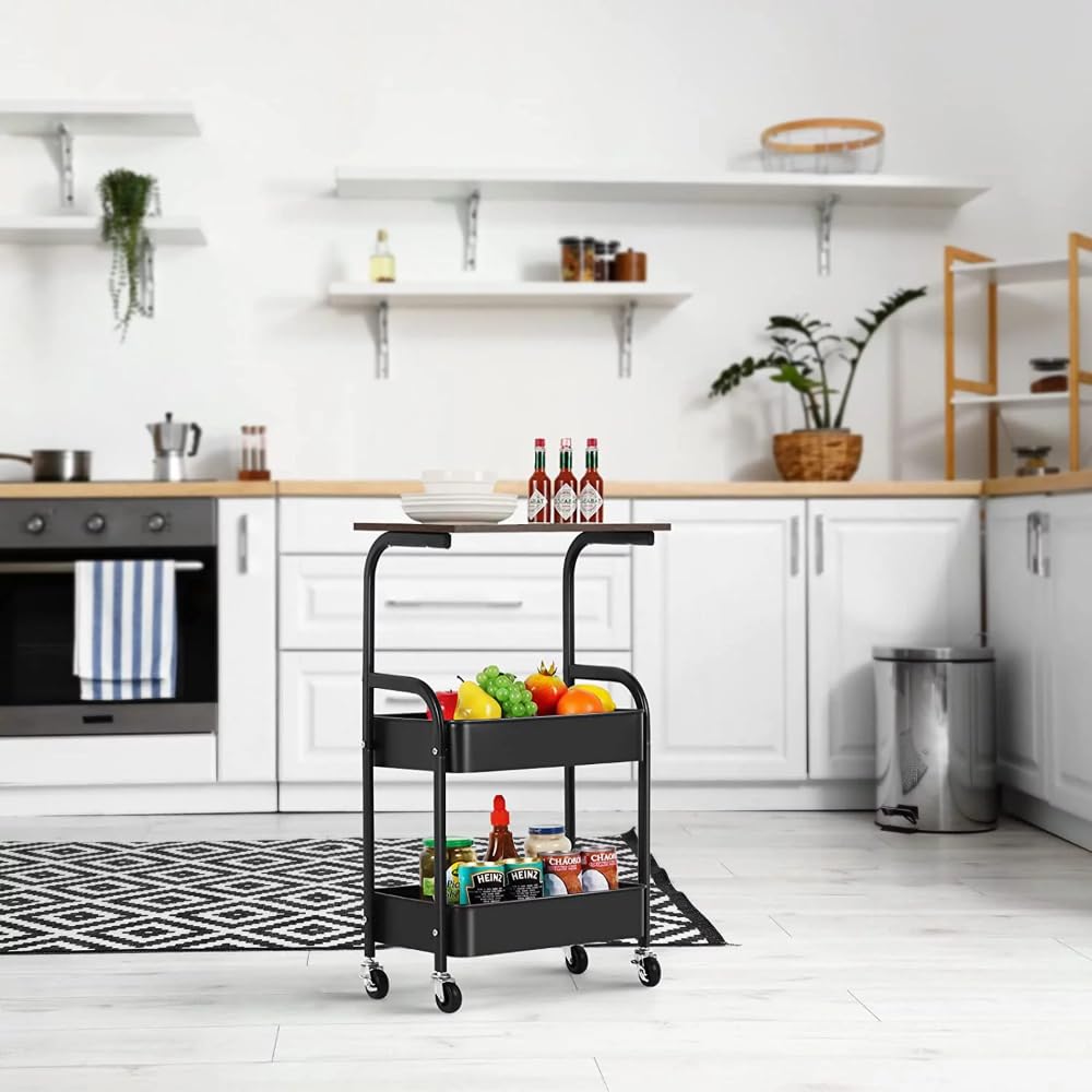 Cocina Carrello da cucina a 3 livelli, carrello portaoggetti 16,54 pollici con ruote, piano in legno Estante de almacenamiento