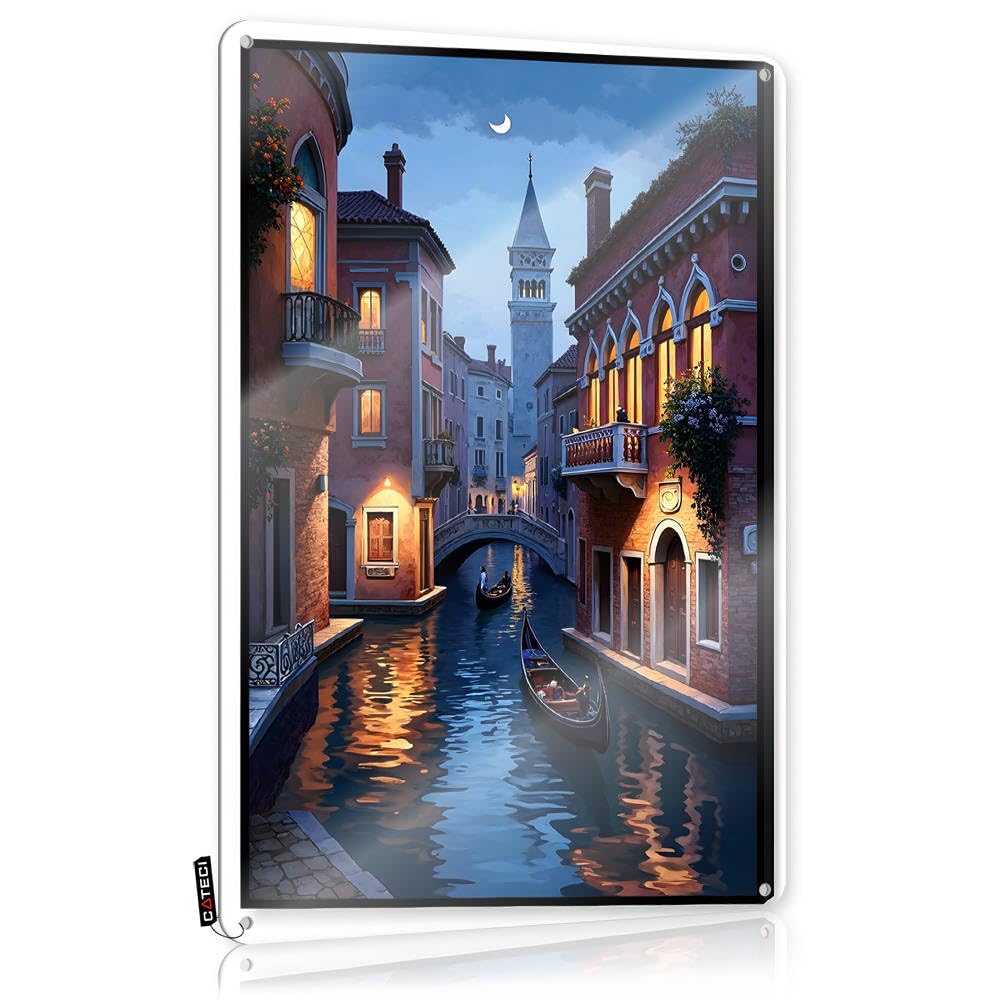 Fzfn Men's Colour Posters Room Accessories Ready To Hang - Venetian Canal Twilight: Gondolas Glide Under Moonlit Sky Ideas For Highland(30X40cm)