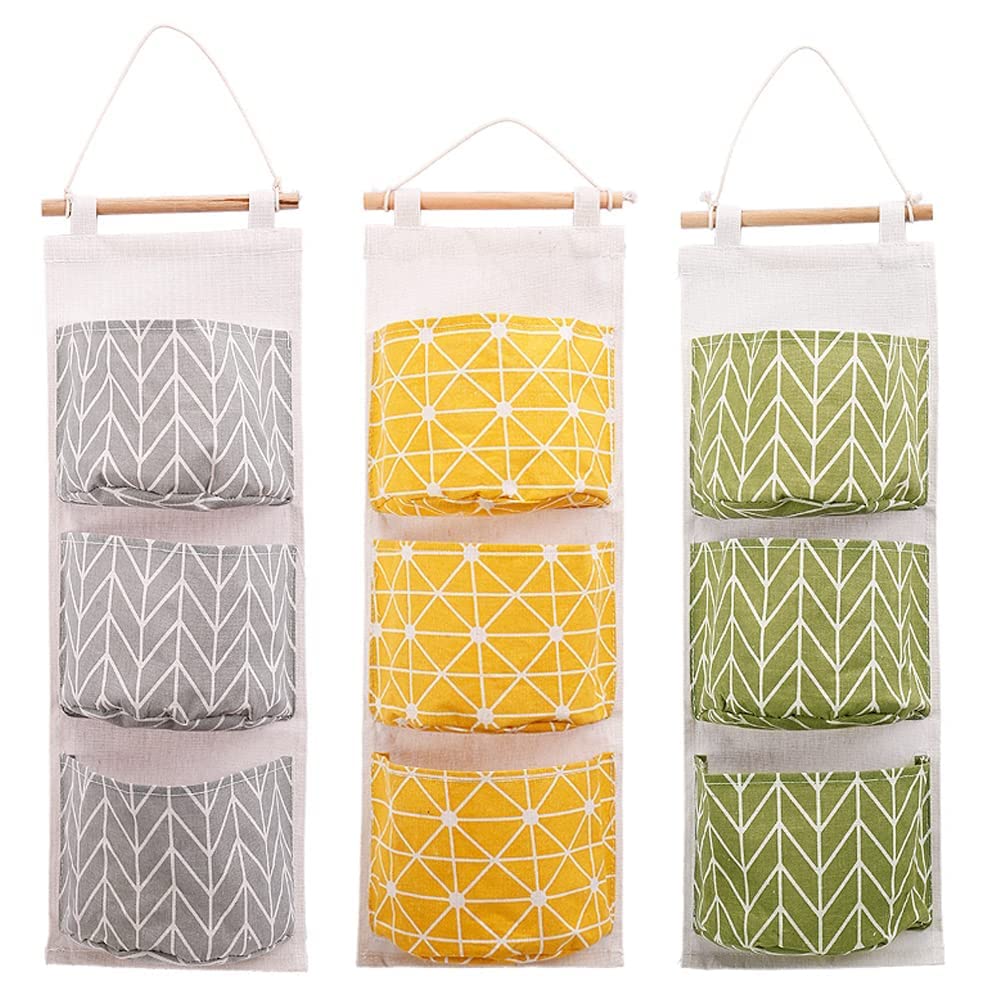 DOULEINWall Closet Hanging Storage Bag, 3 Pcs Waterproof Over The Door Closet Organizer Linen Fabric Hanging Pocket Organizer with 3 Pockets for Bedroom, Bathroom