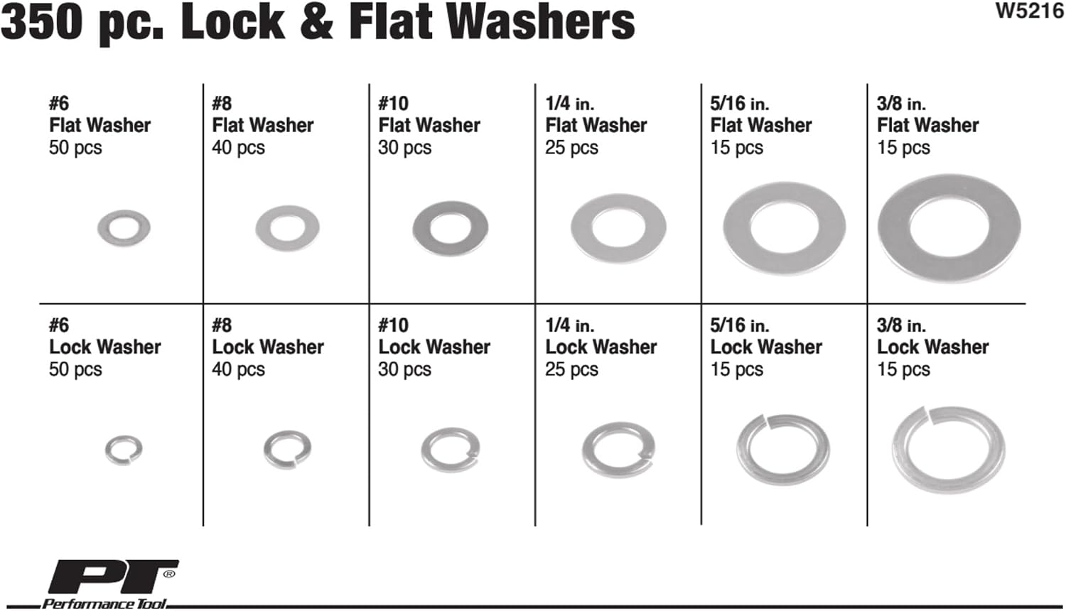 Performance Tool W5216 350pc SAE Lock & Flat Washer Assortment