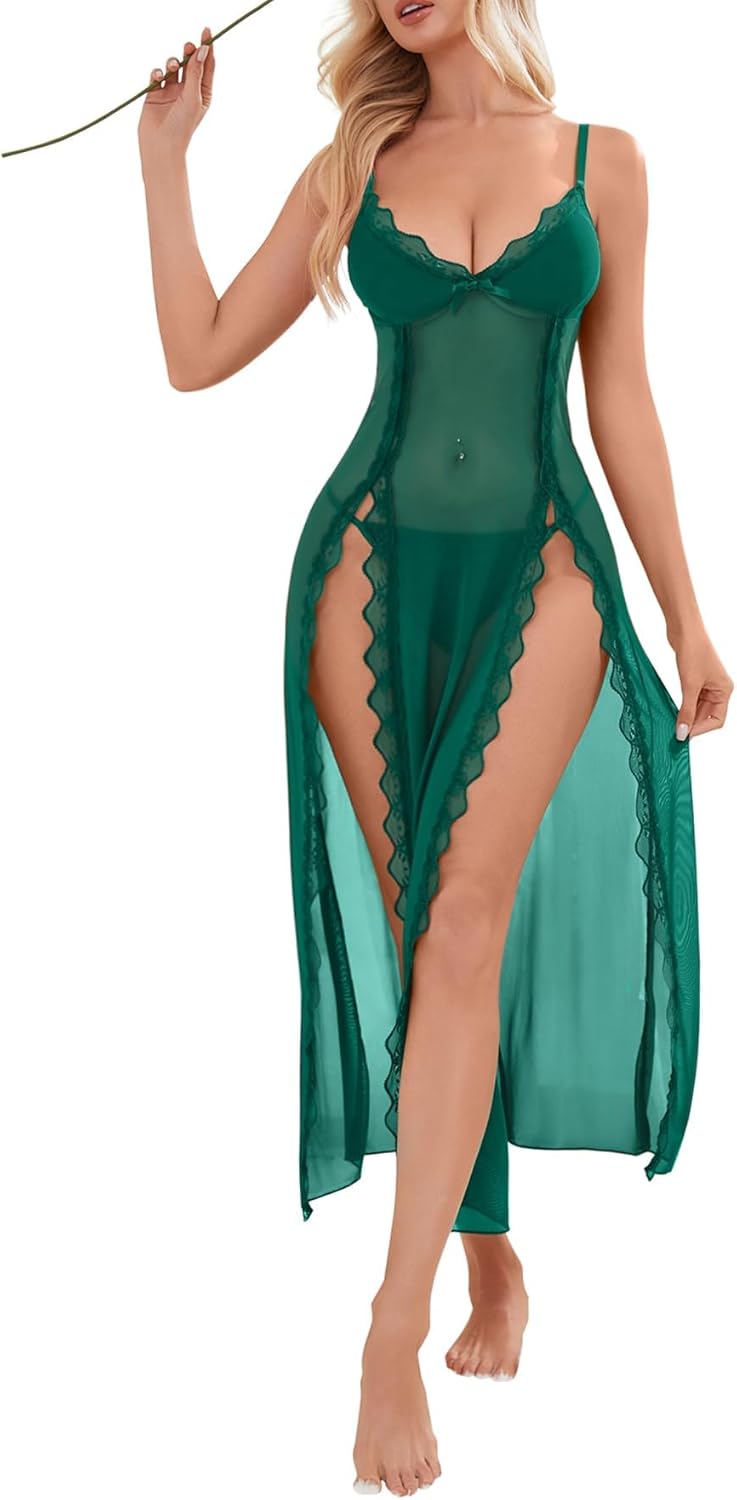 Foxiny Sexy Side Split Long Lace Sheer Lingerie Dress V Neck Night Gowns with Thong 2 Piece Set