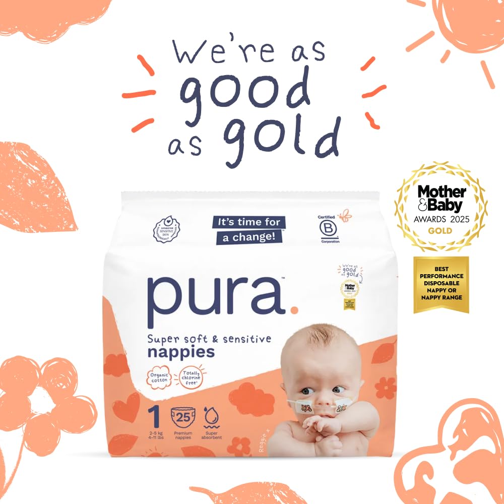 Pura Ekologiczne Pieluchy dla Niemowląt, Rozmiar 1, 2-5 kg, 1 Opakowanie (25 Pieluch), Noworodków, Skóry Wrażliwej, Bawełna Organiczna, Wskaźnik Wilgotności, Wycięcie Na Pępowinę