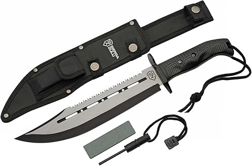 Miniatura 1 de Sierra Zulu Cuchillo de caza de supervivencia con vaina, cuchillo táctico Bowie de hoja fija de 10.5 pulgadas, punta de clip con borde trasero