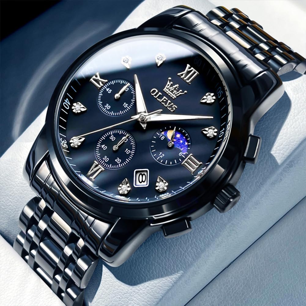 OLEVS Armbanduhr Herren Quarz Luxus Edelstahl Business Herrenuhr Chronograph 3Bar Wasserdicht Uhren Herren 42mm Zifferblatt mit Mondphase Datum Leuchtzeiger klassisch schlicht Geschenk für Männer