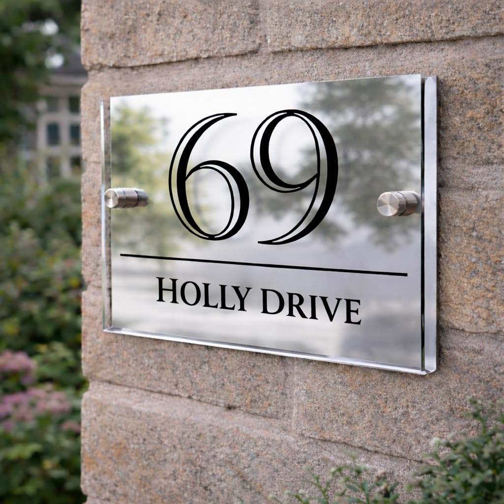 Personalised House Numbers Plaques by Blitz Craft | Glass Effect Acrylic and Silver Mirrored Finish | Custom Address Text with Door Numbers for Outside, Weatherproof Design with Fixings (200x130mm)