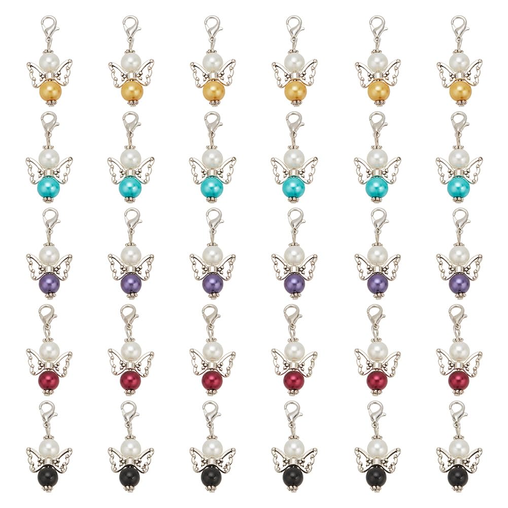 HOBBIESAY 60Pcs 5 Colors Angel Bead Charm 38mm Alloy Angel Charms Glass Pearl Bead Pendants with Lobster Claw Clasps for Necklace Bracelet Earring Keychain Jewelry Making