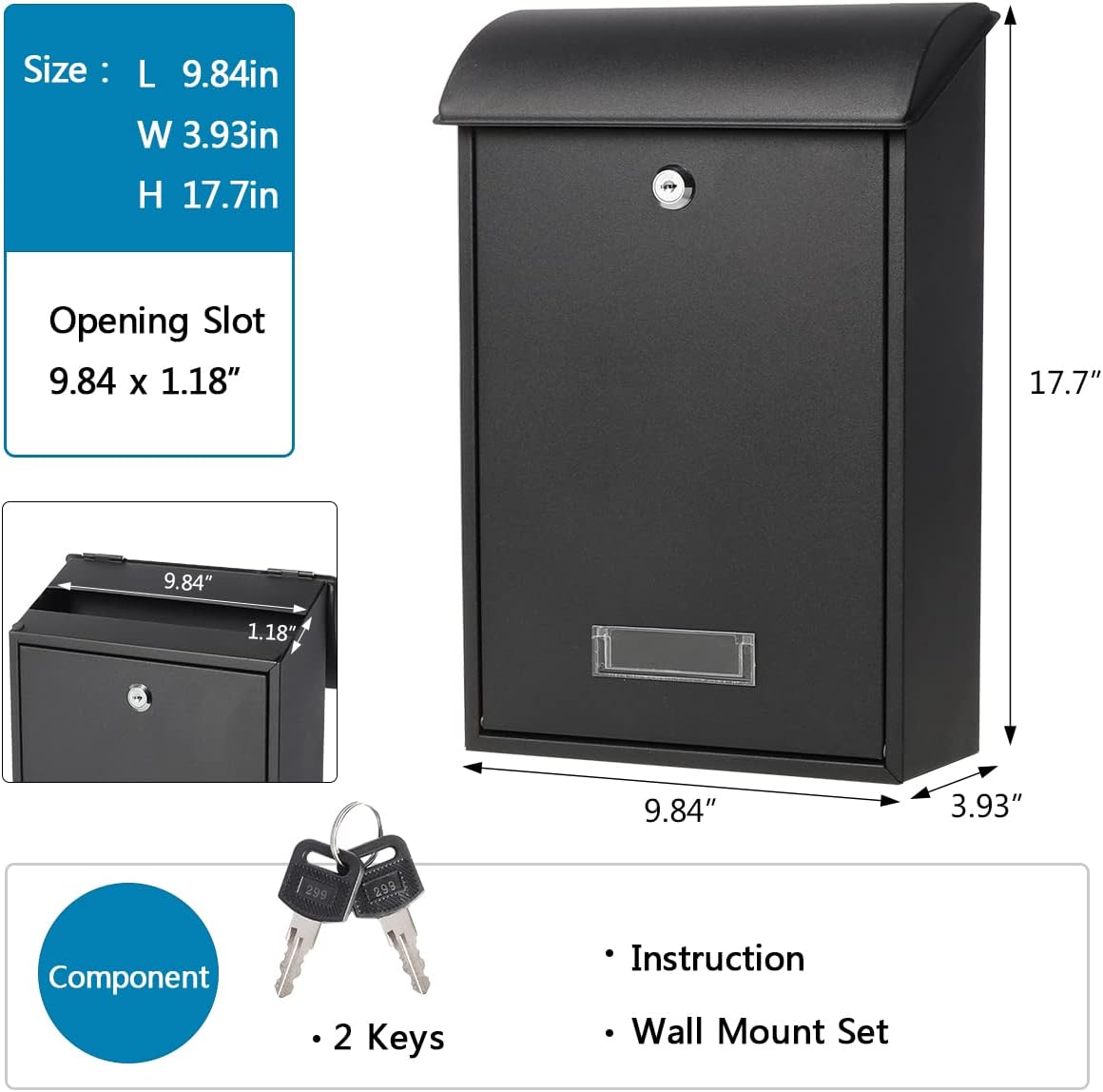 Mailbox with Key Lock, Lovndi Wall Mounted Locking Mailboxes, Medium Capacity Drop Lock Box for Outdoor, Black