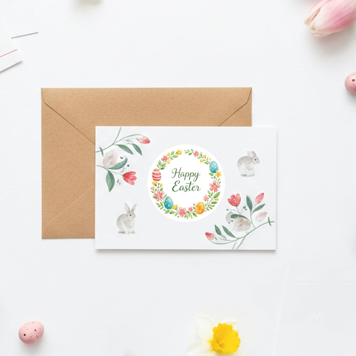 G2PLUS Happy Easter Stickers - 60Pcs Easter Eggs Labels for Baskets 2 Inch Round Watercolors Flower Wreath Sticker for Goodies Bags, Cards, Envelope Seals, Party Supplies