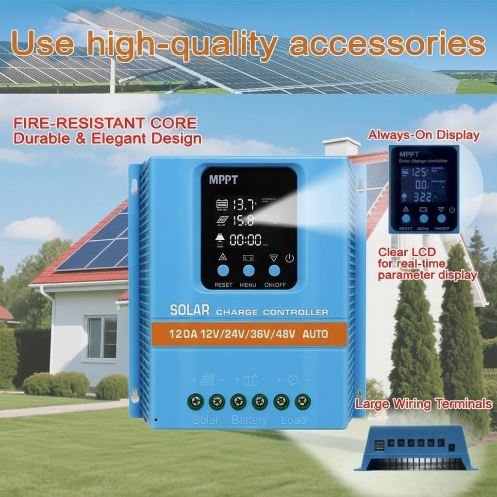 120A Solar Charge Controller 12V 24V 36V 48V Intelligent Recognition LCD Display Battery Intelligent Regulator Maximum 100V Input Dual USB for Lead Acid/Lithium Battery