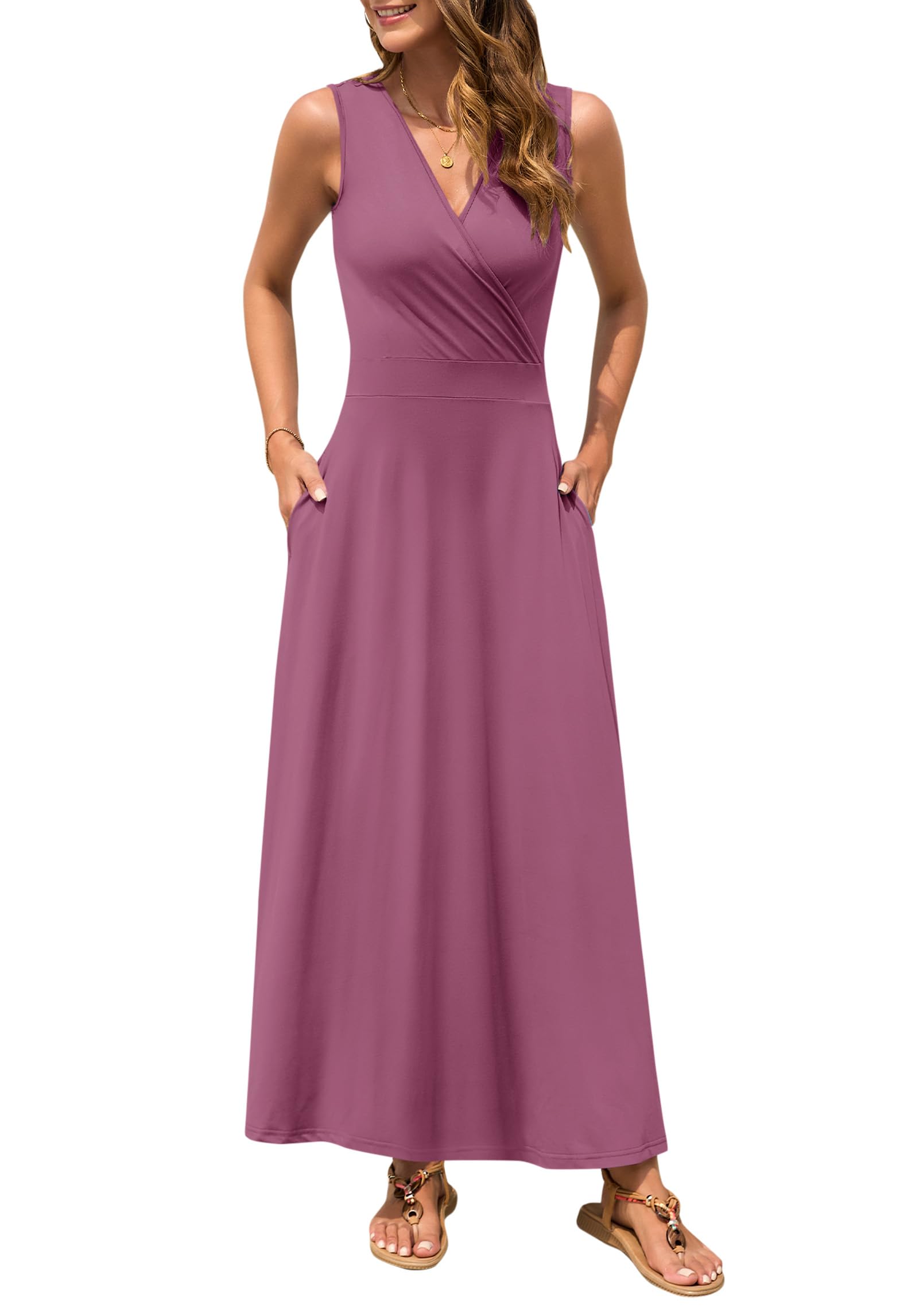 MISFAY Women Sleeveless Maxi Dress Deep V Neck Summer Casual Long Dress with Pockets