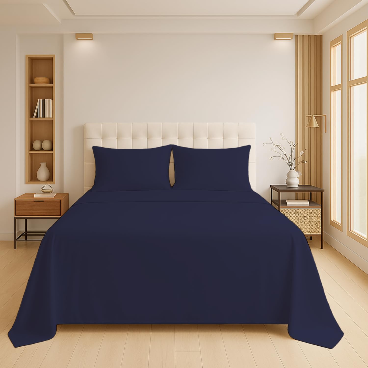 Luxury Flat Sheet Polycotton Plain Dyed Easy-care Non-Iron Bedsheets Parcale Wrinkle-resistant polycotton fabric (50% cotton 50% polyester) (Navy, Single) — image 1
