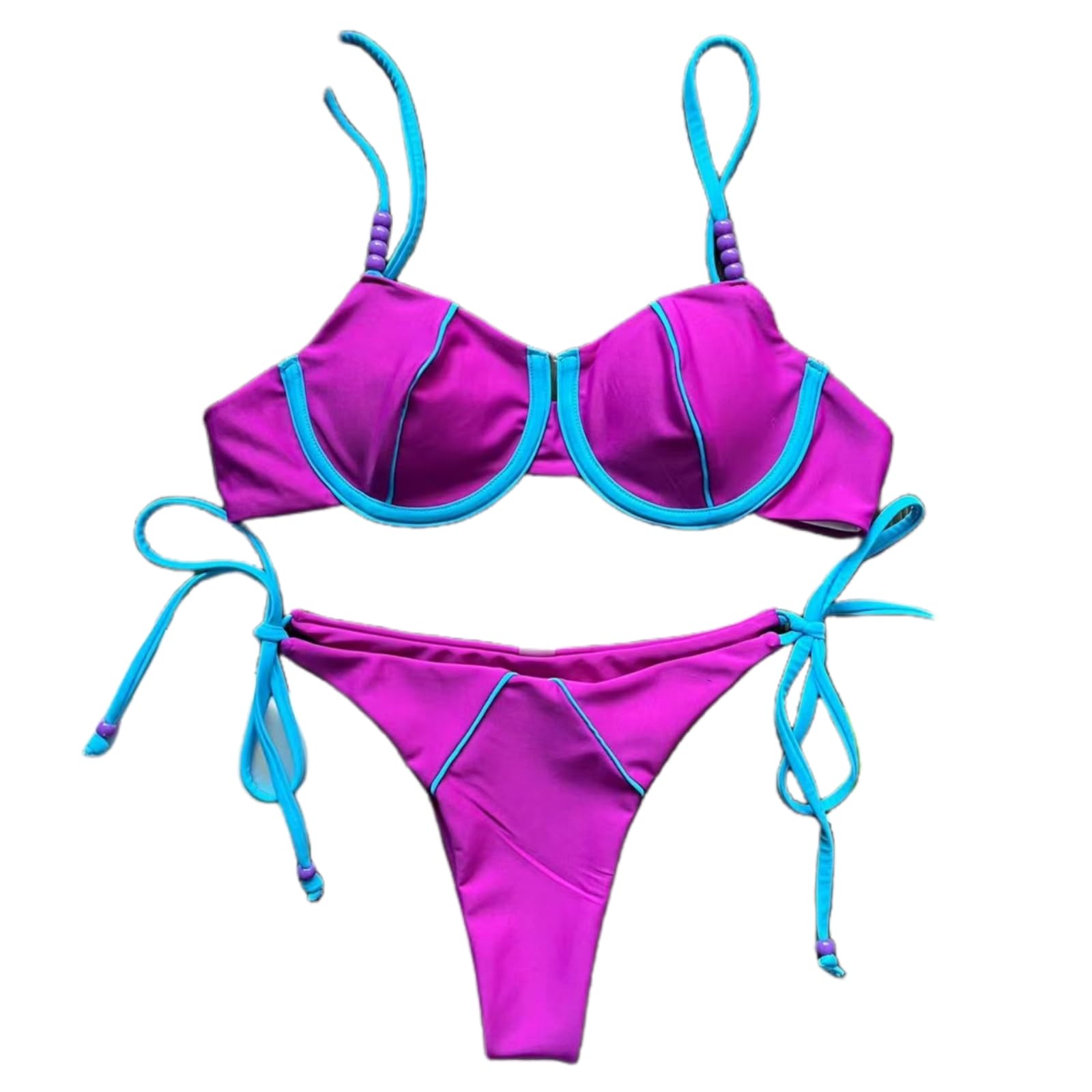WANGSHUO Bikini Donna Donne Contrasto Tubazione Push Up Set di Bikini, Spaghetti A Perline Cinghie Cravatta Laterale Due Pezzi Costume da Bagno Brasiliano Costumi Spiaggia-nb08-m