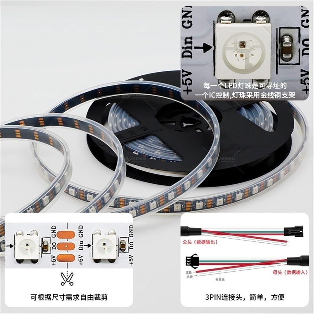 Exterior/interior decorativos, Tira de luces LED de 5 metros, SK6812 DC5V 5050SMD, 30/60/144 LED/m, RGB, con soporte de cobre y cable dorado.(Black PCB-IP67,144leds/m)