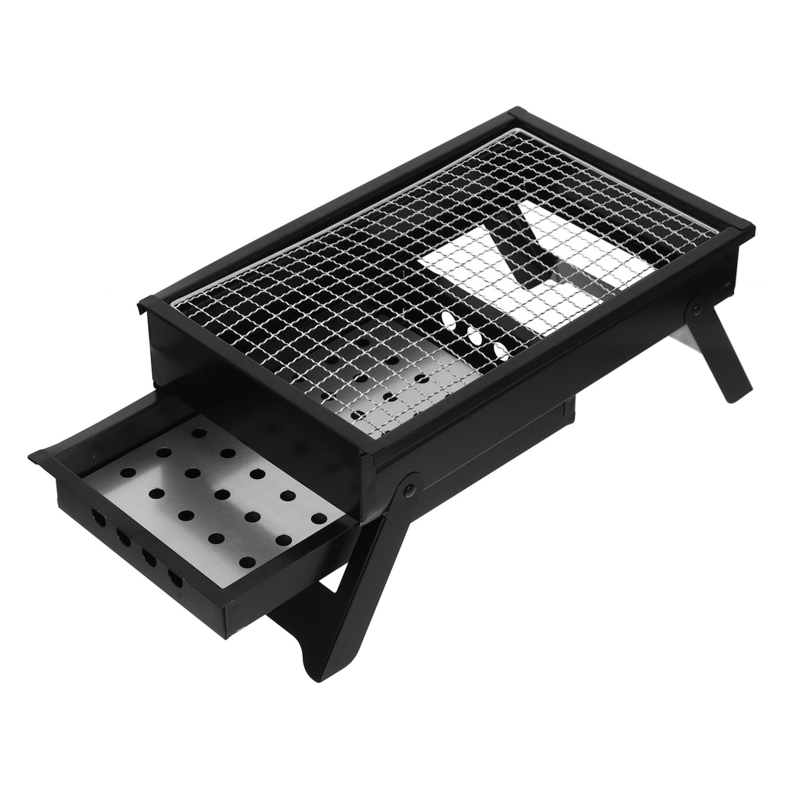 Griglia Barbecue Portatile Pieghevole in Acciaio Inox Nero | Cassetto Carbone Estraibile, Compatta e Leggera, per Cottura Efficiente in Gruppo da 1-3 Persone