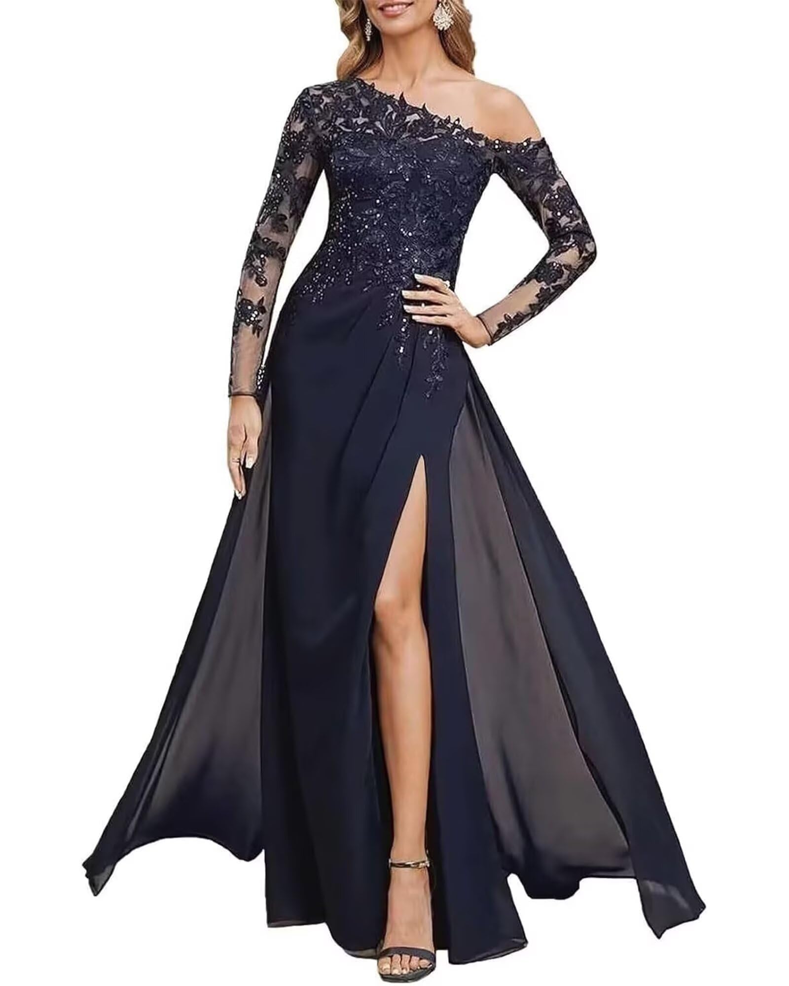 Glitzernd Pailletten Abendkleider Elegant für Hochzeit One Shoulder Spitzen Brautmutterkleider Langen Ärmeln Abendkleid mit Schlitz