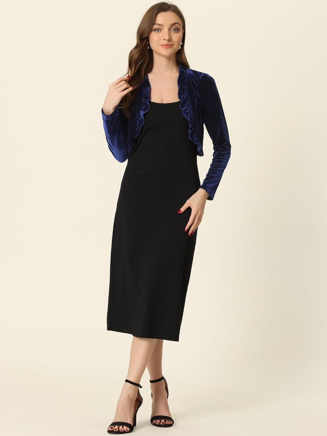 Allegra K Women's Cocktail Party Open Front Cardigan Long Sleeve Cropped Velvet Shrug Top - Image 3